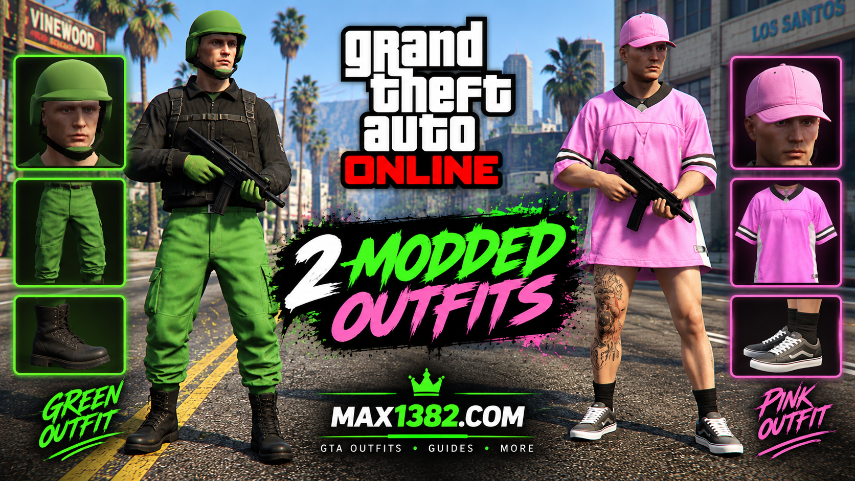 Two modded GTA Online outfits featuring green and pink styles.